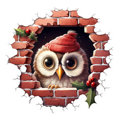 Adorable owl in a red hat peers through a cracked brick wall. Festive Christmas Watercolor illustration on white background