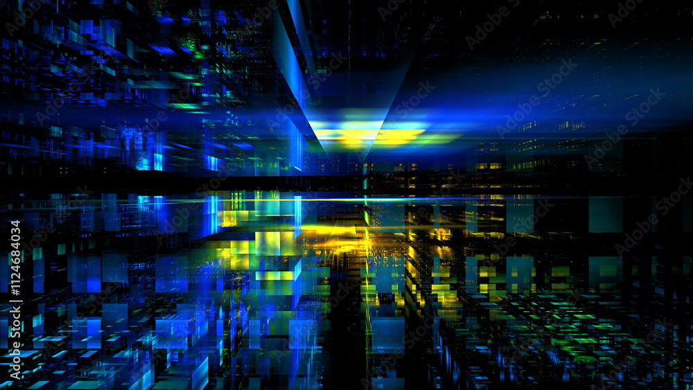Poster dynamic visual composition features bright blue and yellow hues blending together in grid-like patte