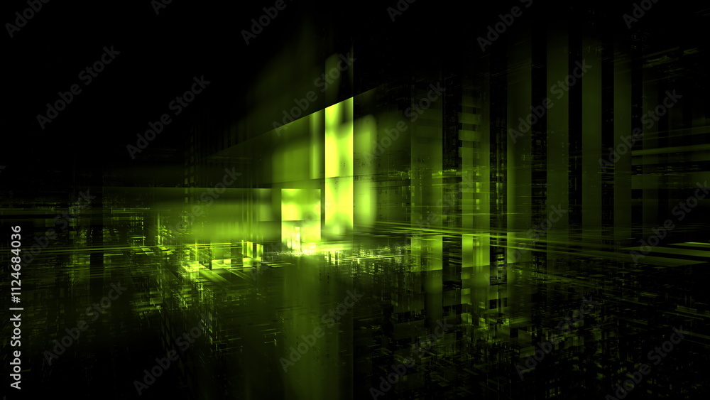 Fototapete Dynamic display of green light patterns and geometric forms creates an immersive visual experience within a dark digital space, emphasizing depth and contrast. 3d render
