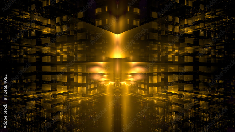 Poster vivid golden beams radiate from the center, illuminating intricate geometric patterns in a surreal d