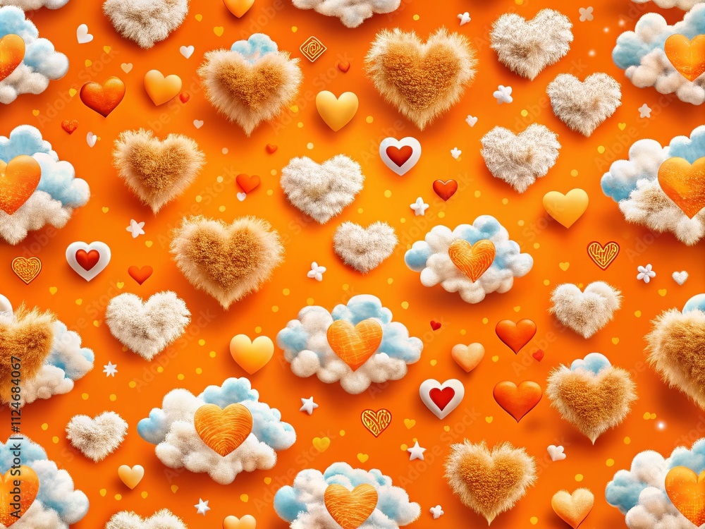 Poster aerial view of playful orange pattern featuring hearts and clouds in a decorative scandinavian style