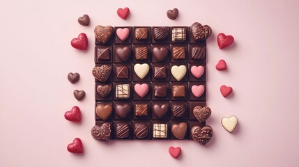 Artistic arrangement of various chocolates including heart-shaped and square pieces on light pink background, capturing Valentine's Day essence with rich colors and intricate details