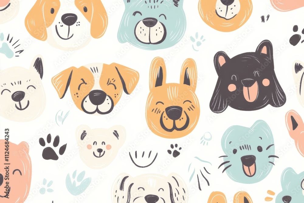 Aufkleber colorful doodle-style pattern showcases various cheerful dog faces, ideal for custom text or creativ