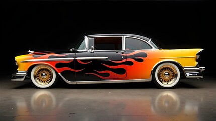 Fototapeta premium Custom Lowrider with Black Gloss Finish and Flame Art Design