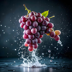 Fresh grapes captured mid-air, surrounded by glistening water droplets