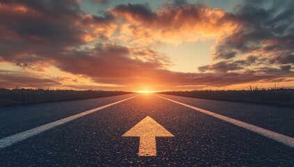 Asphalt Road Leading to Sunset with an Arrow