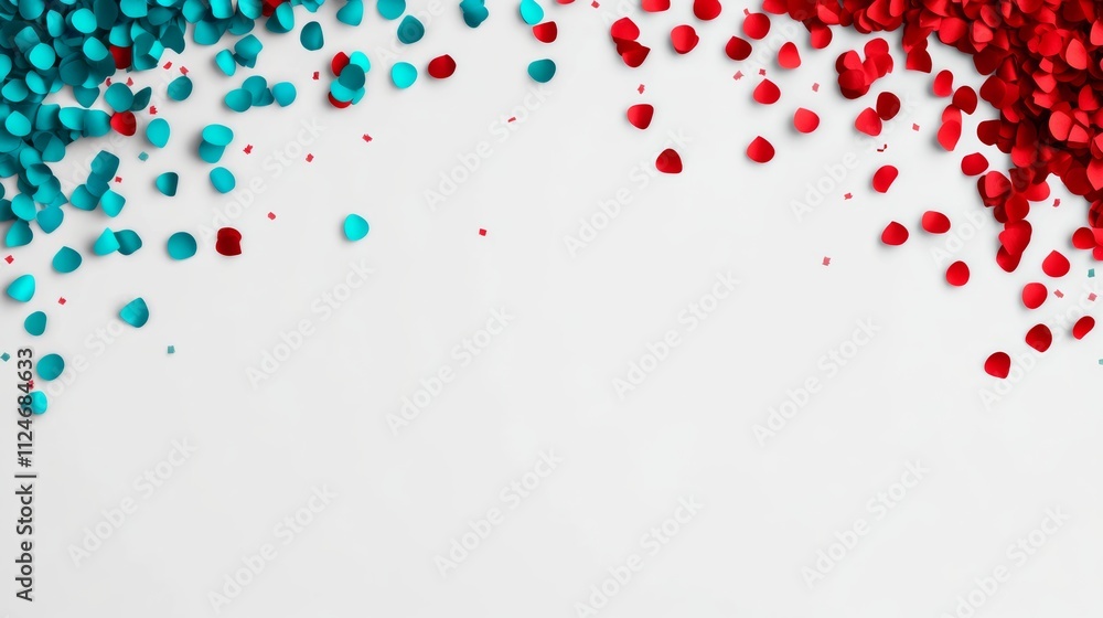 Poster white background with red and blue flowers scattered across it. the flowers are in different sizes a