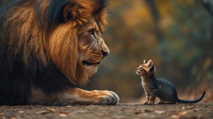 Lion and a kitten are laying on the ground next to each other. The lion is laying on its back,...