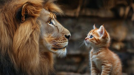 Lion and a kitten are standing next to each other. The lion is looking at the kitten with curiosity