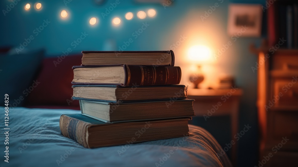 Poster a stack of books by the bedside table, showcasing the nightly routine of reading before bedtime as a
