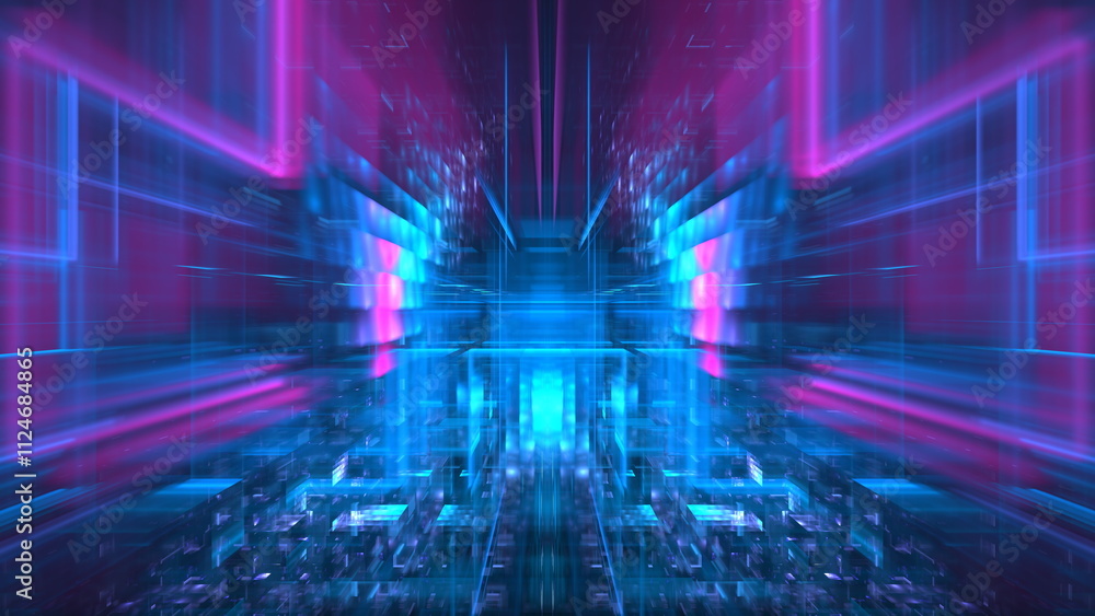 Poster dynamic colors fill the space with a blend of blue and pink hues, creating an immersive, abstract en