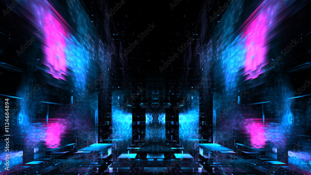 Poster colorful lights and dynamic patterns create a mesmerizing digital landscape, evoking a futuristic at