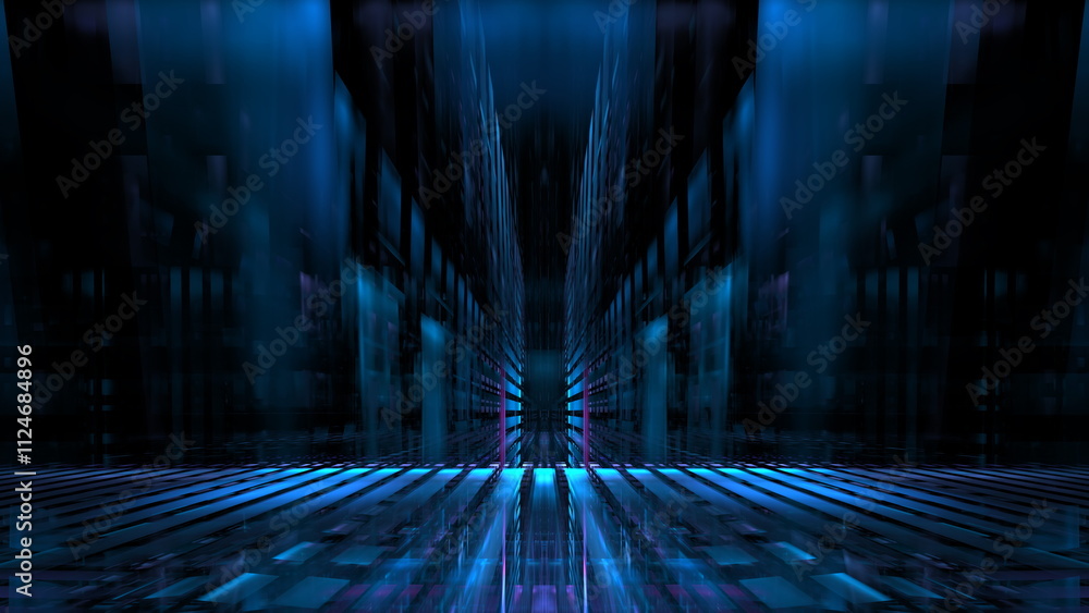 Fototapete dynamic digital environment showcases vibrant blue tones and intricate lines, creating a sense of depth and motion. composition invites exploration of the virtual realm. 3D render