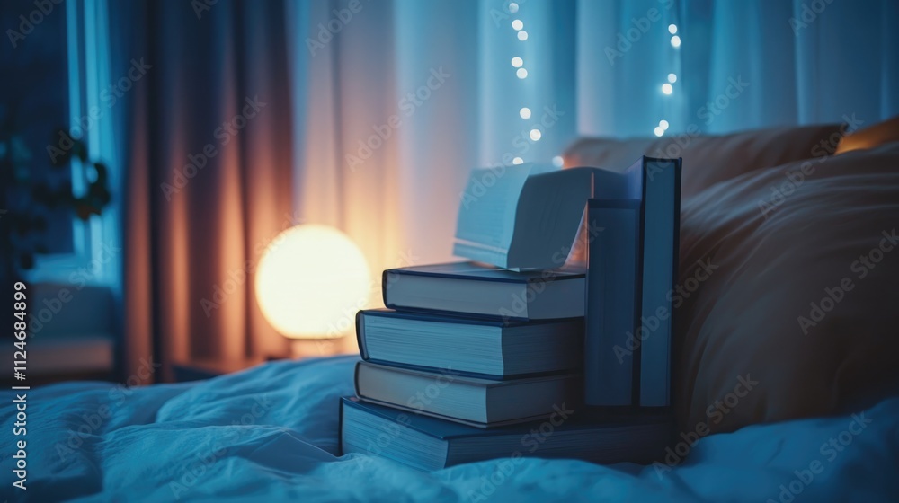 Poster a stack of books by the bedside table, showcasing the nightly routine of reading before bedtime as a