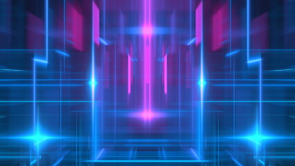 dynamic display of glowing lights and geometric patterns creates a captivating digital landscape, showcasing vibrant colors in purple and blue hues that suggest depth and movement. 3d render
