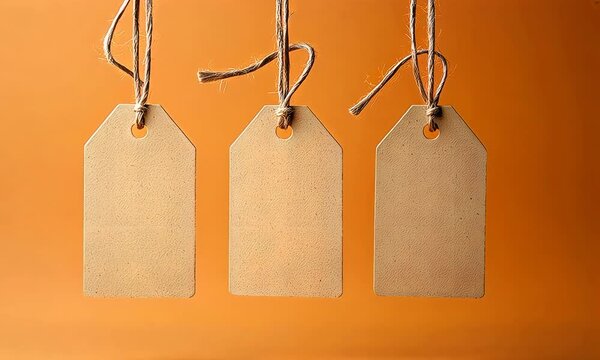 Empty beige tags hanging on strings in minimalist style