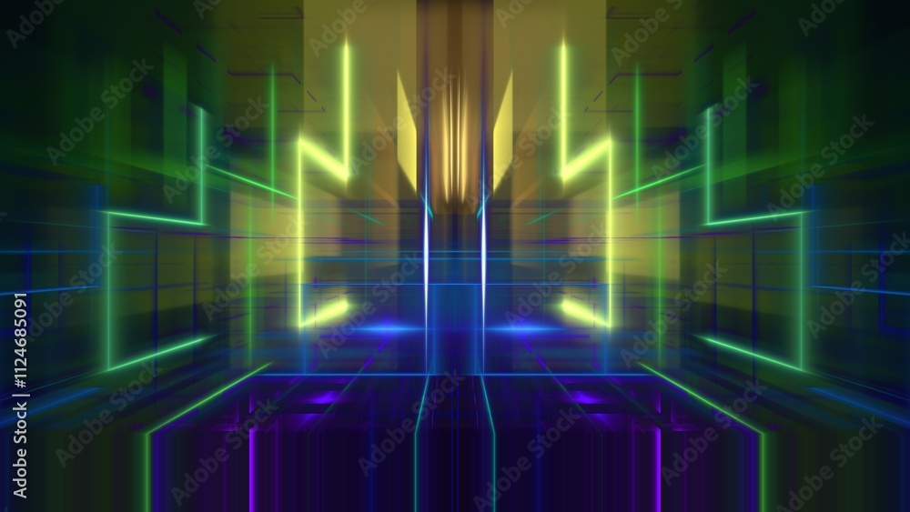 Poster bright, glowing lines create an intricate geometric pattern in a digital environment. colors of gree