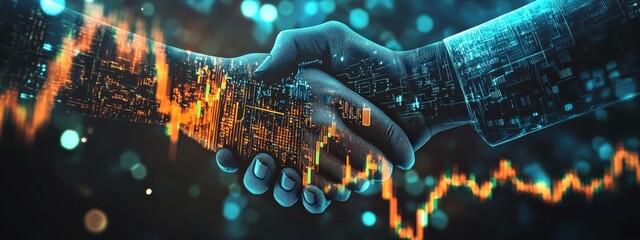 Business handshake symbolizing financial prosperity and technological assets