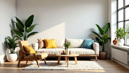 Minimalist Interior Design Featuring Rustic Furniture and Decorative Plants for Home Decor Inspiration generative ai
