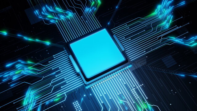 close-up view of a microchip surrounded by intricate circuit board patterns, highlighting the themes of connectivity, data transfer, and advanced technology in a dynamic abstract layout. 3d render
