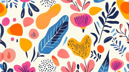 A vibrant, colorful pattern with stylized flowers and leaves on a white background.