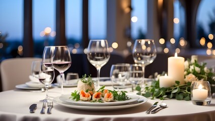 Fototapeta premium A sophisticated and tasteful restaurant table for a wedding Appetizers and a wine glass on the bar table A romantic setting with soft lighting and a dinner service menu for guests