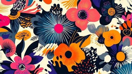 Abstract floral pattern with bright colors and bold shapes.