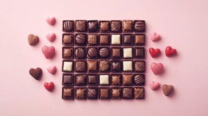 Artistic arrangement of various chocolates including heart-shaped and square pieces on light pink background, capturing Valentine's Day essence with rich colors and intricate details