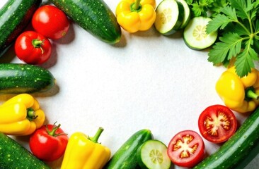 Top down view, frame for text made from zucchini, yellow peppers, fresh greens, copy space