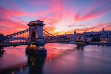 Budapest sunset Danube River Chain Bridge buildings streetlights color