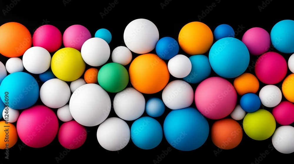 Poster Colorful array of balls in various sizes and colors. Concept of fun and playfulness, as the balls are scattered across the frame in a seemingly random pattern