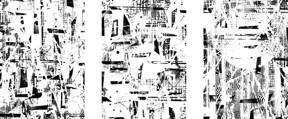 Fototapeta premium Set of glitch distorted grunge overlay textures. Collection of overlaying textures with halftone dots, scratches and lines .Screen print vector layers pack. Overlays with grunge textured surface 
