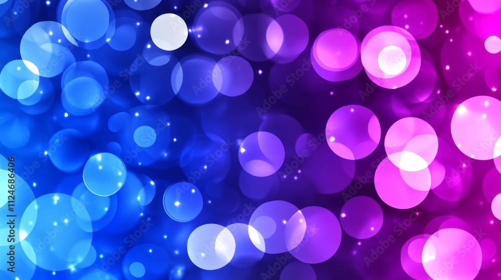 Poster vibrant and colorful background with a mix of blue and purple circles and stars. the background is a