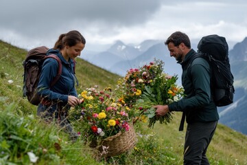 Couple gathers wildflowers on a mountain meadow in summer with scenic valley backdrop