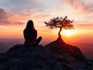 A contemplative woman sits on a rocky outcrop, gazing at a vibrant sunset, with a solitary tree nearby, evoking a serene feeling of connection and introspection with nature.