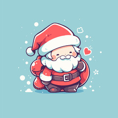 Cheerful Cartoon Santa with a Sack on Blue Background. Cute Santa Vector.