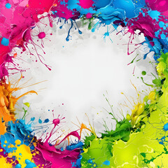 A dynamic splash of bright colors, including pink, blue, green, and yellow, forming an artistic border with a blank white center.
