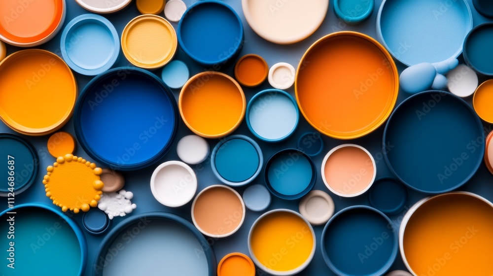 Poster colorful array of paint cans in various sizes and colors. concept of creativity and artistic express