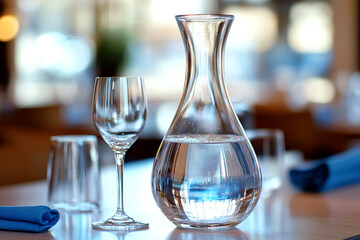 A glass carafe filled with water stands on a table beside an empty wine glass. Concept of dining elegance. For restaurant ambience photos.