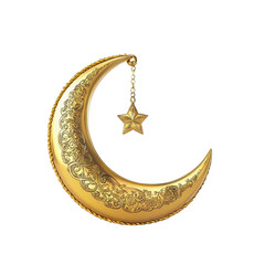 hermosa media luna islámica dorada con estrella colgando de una cadena, sobre fondo blanco transparente. Concepto celebraciones y decoraciones de Ramadan