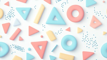 An abstract,  colorful pattern, with 3D rendered geometric shapes - triangles and circles,  in shades of yellow, pink, blue and cream,  on a white background.