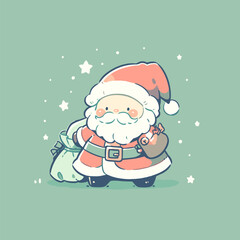 Cute Cartoon Santa with Gifts in Light Green Background. Cute Santa Vector.
