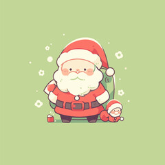 Cute Cartoon Santa with Gift Bag and Puppy on Green Background. Cute Santa Vector.