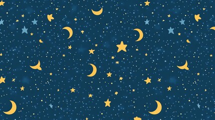 A seamless pattern of stars and crescent moons against a dark blue night sky.