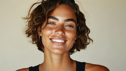 Model smiling showing white teeth on beige background