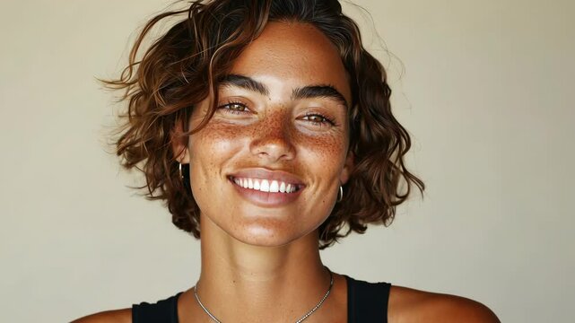 Model smiling showing white teeth on beige background