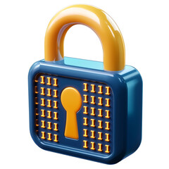 Bright 3D Cartoon Padlock Icon with Binary Code on White Background