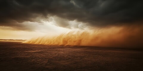 Obraz premium A powerful windstorm sweeping across a barren landscape, with dust flying through the dark, ominous sky.