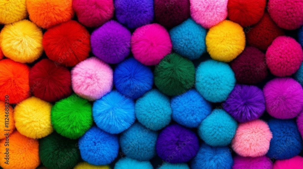 Poster vibrant display of multicolored pom poms, arranged in a rainbow pattern, with each color occupying a