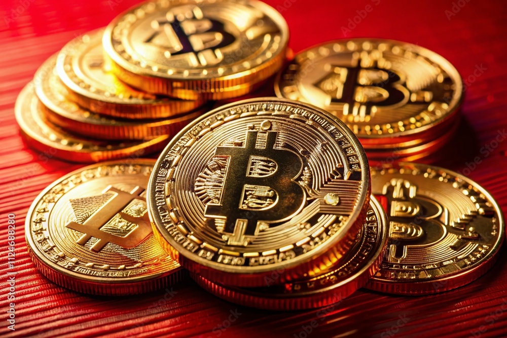 Poster aerial view of stacked bitcoin on red background highlighting cryptocurrency investment and digital 